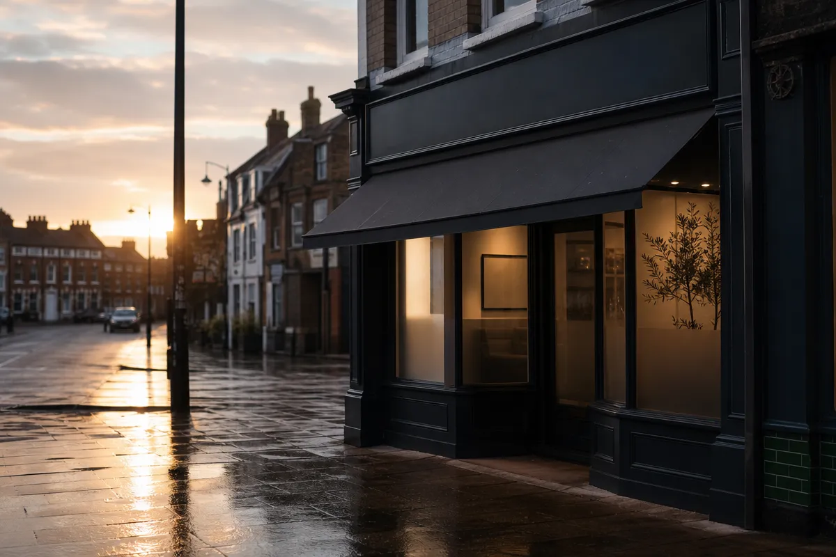 Independent clinic shopfront on a British high street at golden hour, warm light through the glass, wet pavement