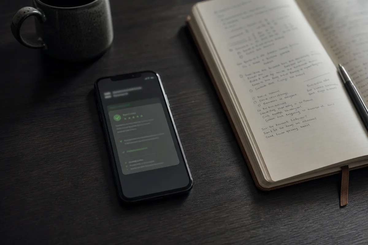 A phone showing a five-star review reply on a dark desk beside an open notebook and a coffee cup