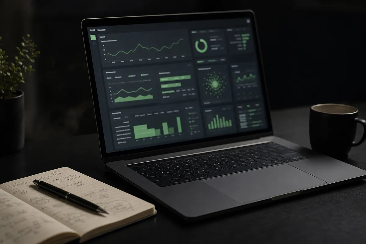 A laptop showing an abstract review dashboard on a dark desk beside a handwritten notebook