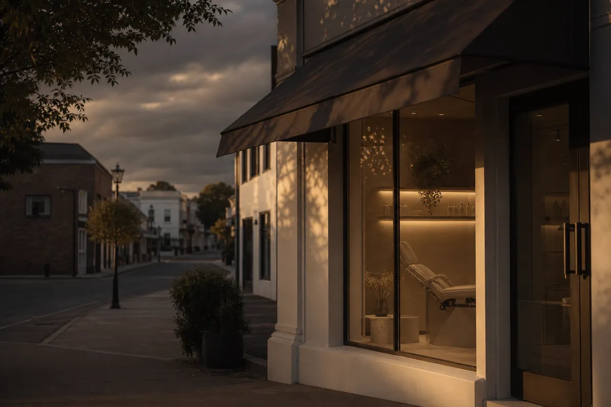 Small high-street aesthetic clinic exterior at golden hour, a quiet local trust signal