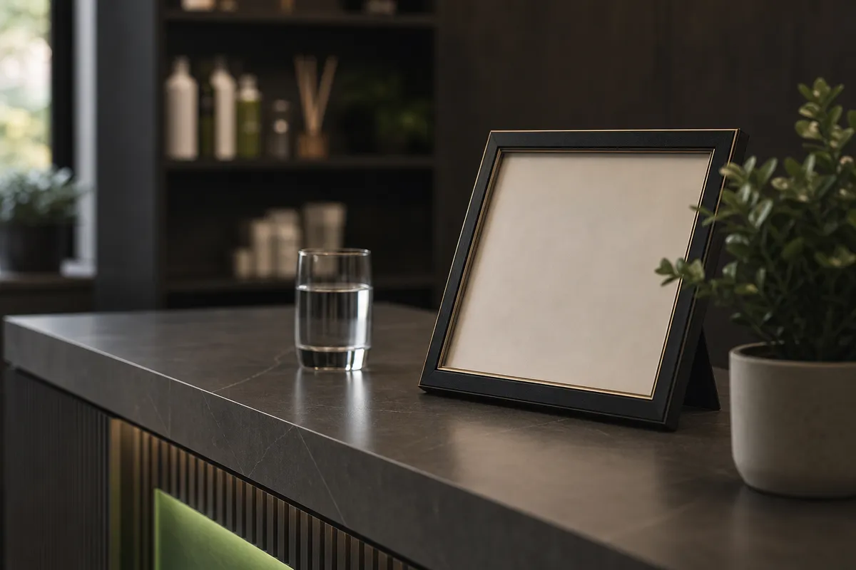 Clean aesthetic clinic reception countertop with a framed certificate and soft window light