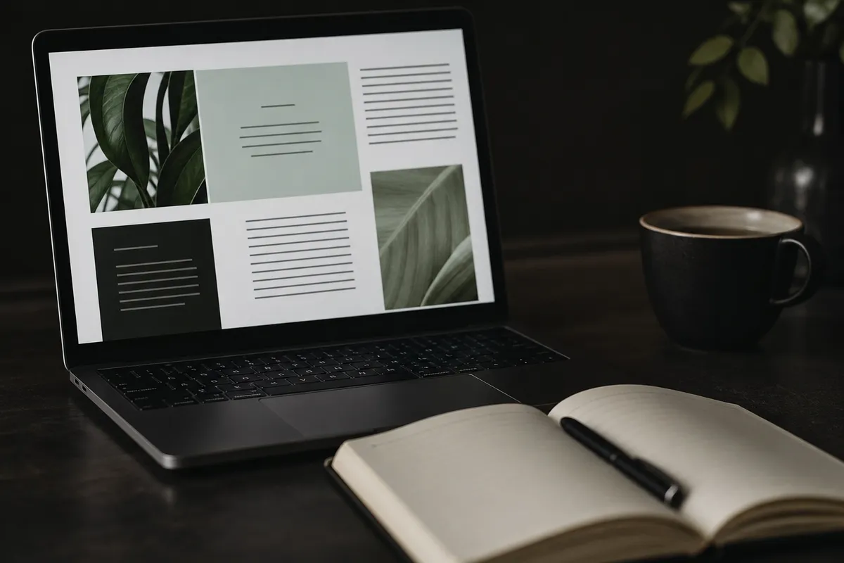 Laptop on a dark desk showing a clean clinic website layout beside a notebook and coffee