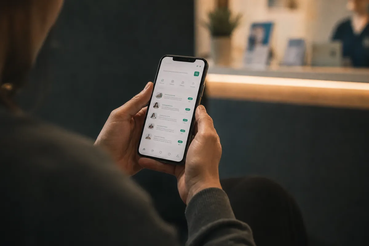 Hands holding a phone showing a clean directory search app, checking a practitioner register