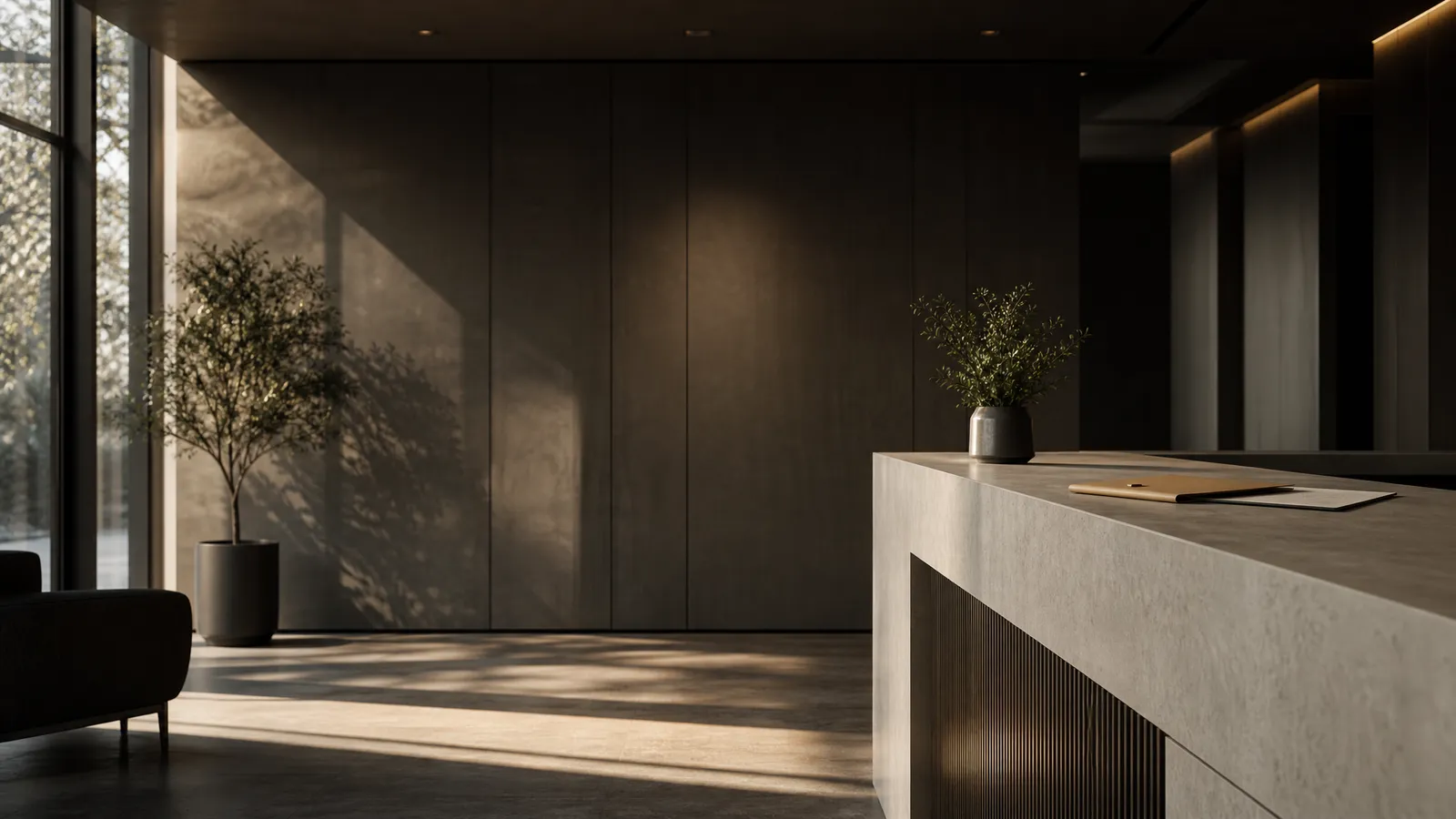 Quiet aesthetic clinic reception at golden hour with registration paperwork and a folder on the counter