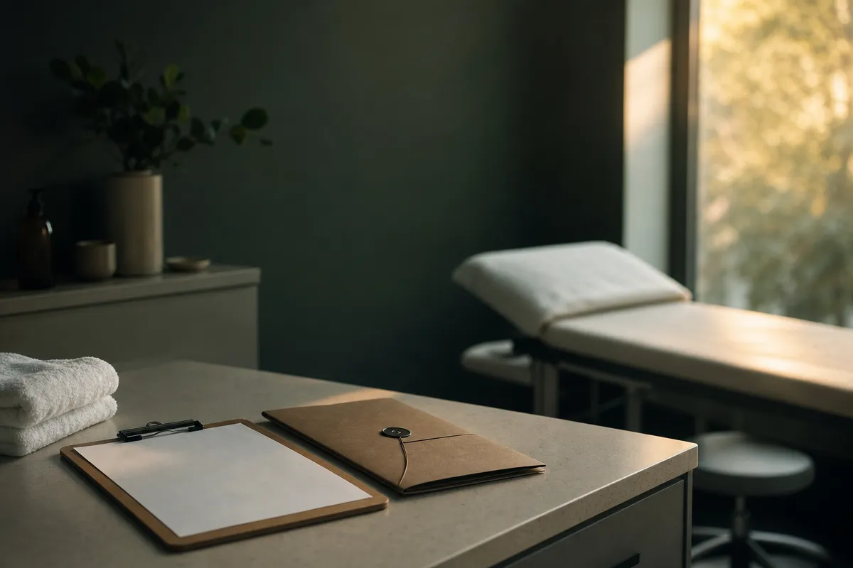 Empty clinic treatment room at golden hour with a clipboard and folder on a clean countertop