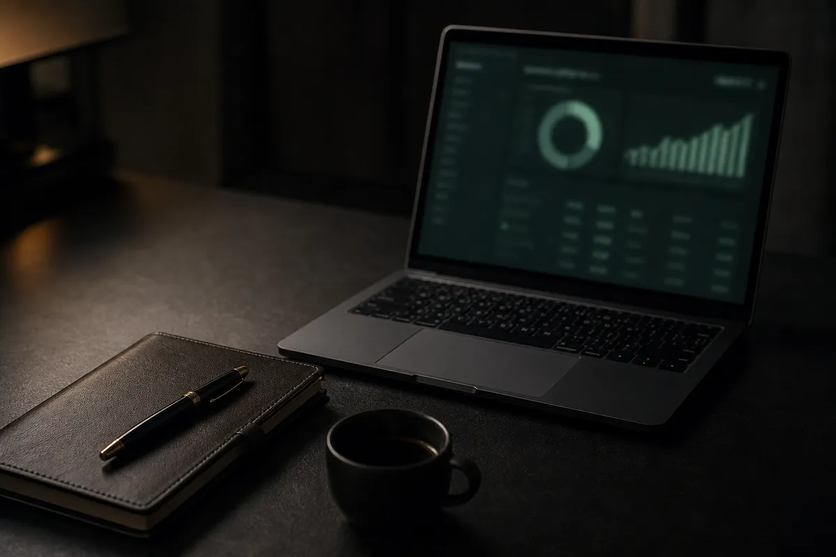 Dark desk scene with a laptop showing an abstract dashboard, a notebook and a pen
