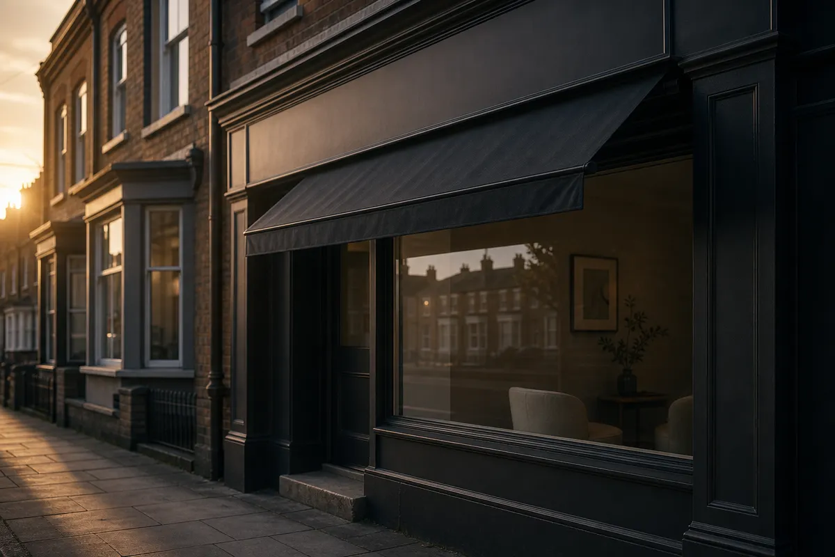 Exterior of a small high-street clinic at golden hour, awning visible, no people