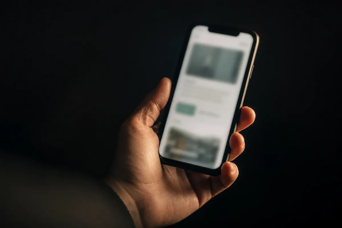 Hand holding a phone showing a clinic web page, dark background, soft directional light