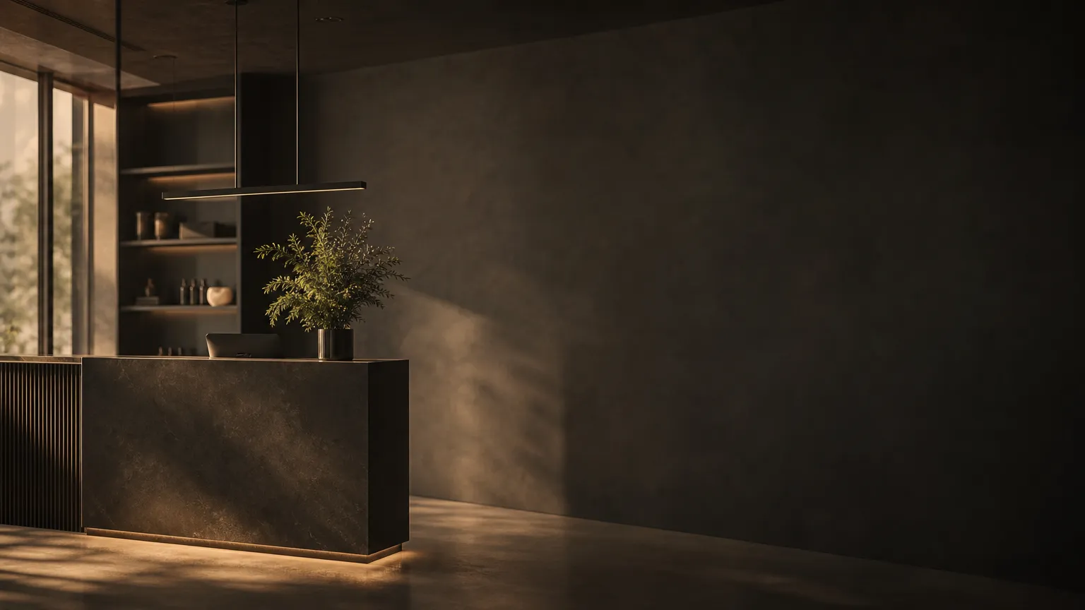 Calm modern aesthetic clinic reception at golden hour, the front-of-house local SEO leads patients to