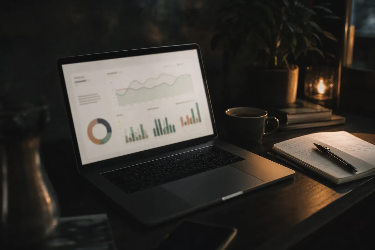 Laptop on a wood desk showing an abstract local performance dashboard beside a notebook