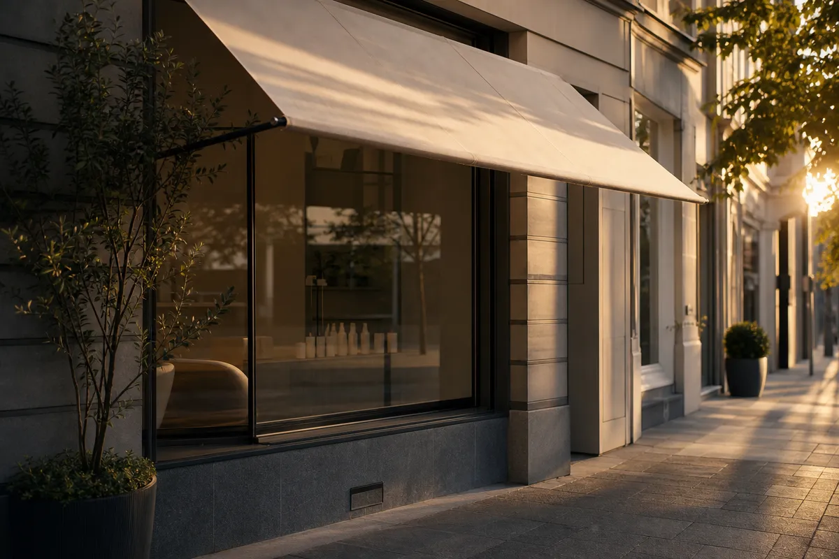 Small high-street clinic exterior at golden hour with an awning and a quiet street
