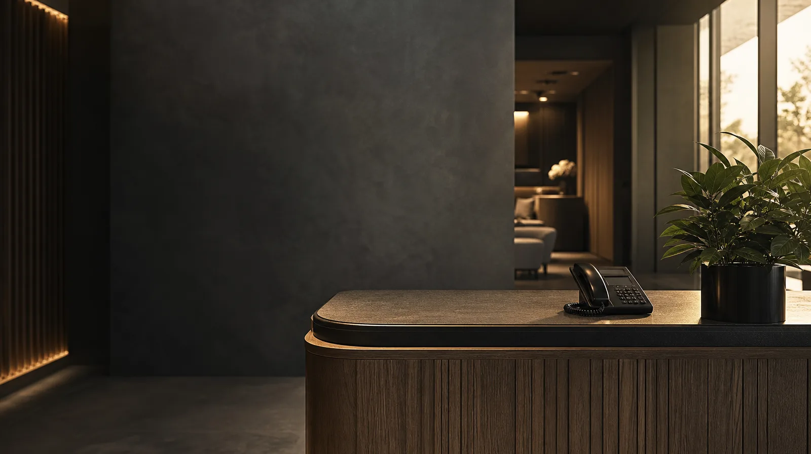 Owner-led medspa reception at golden hour with a single phone on the counter, calm cinematic clinic interior for medical spa marketing ideas
