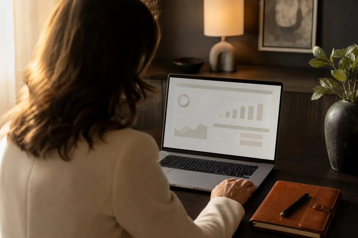 Cinematic over-the-shoulder shot of a clinic owner reviewing the medspa booking dashboard on a laptop, soft natural light