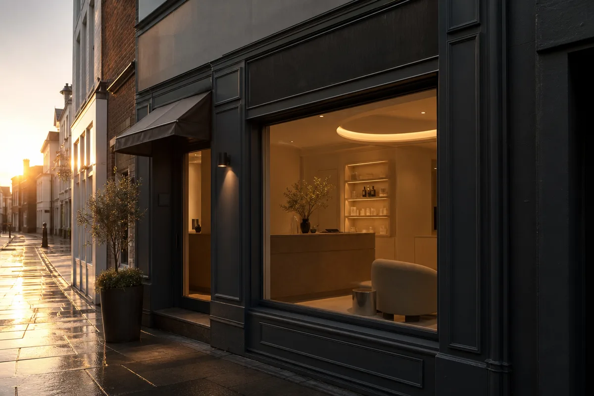 Atmospheric exterior shot of a small high-street aesthetic clinic at golden hour, awning visible, no people