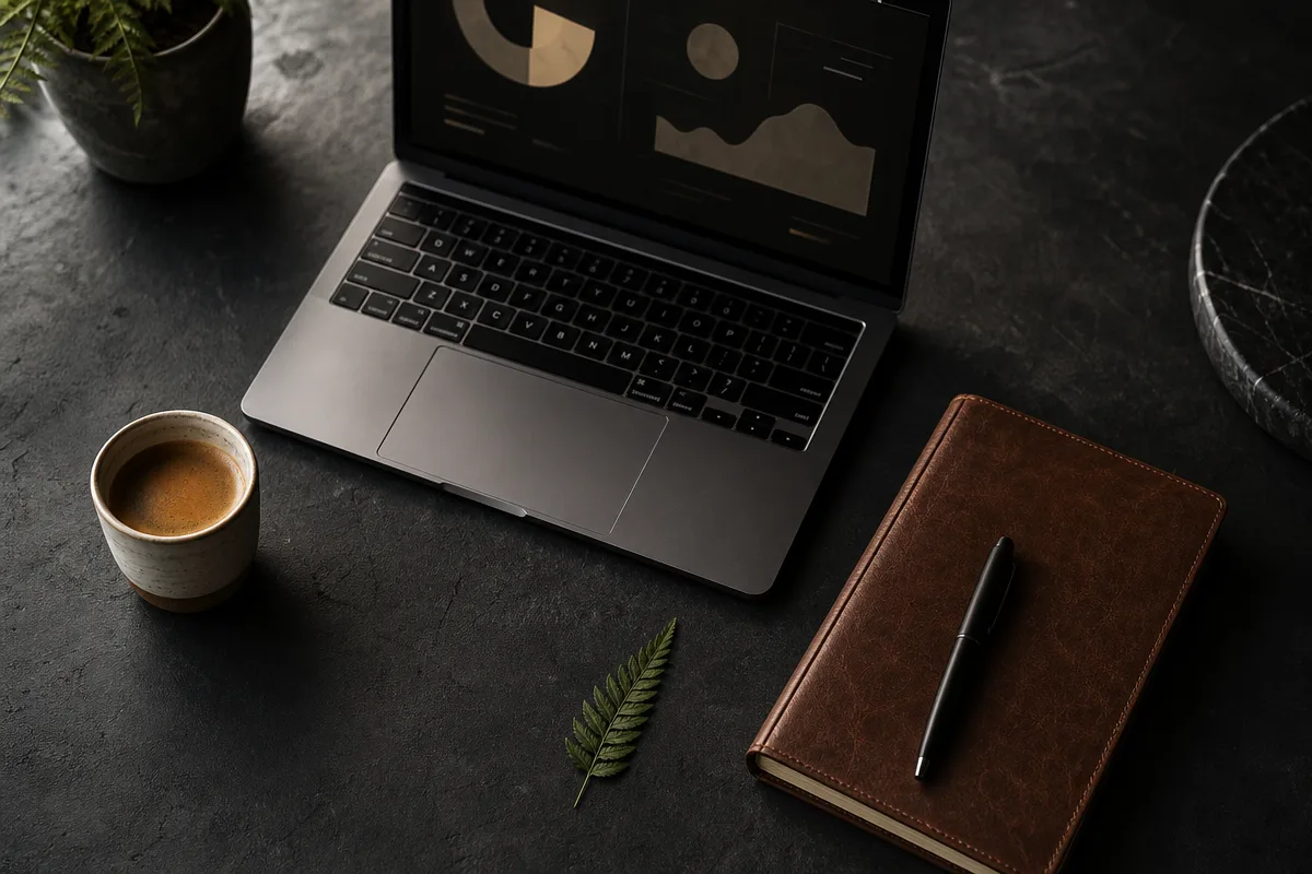 Moody close-up of a desk with a notebook, pen, laptop showing abstract dashboard UI, dark background