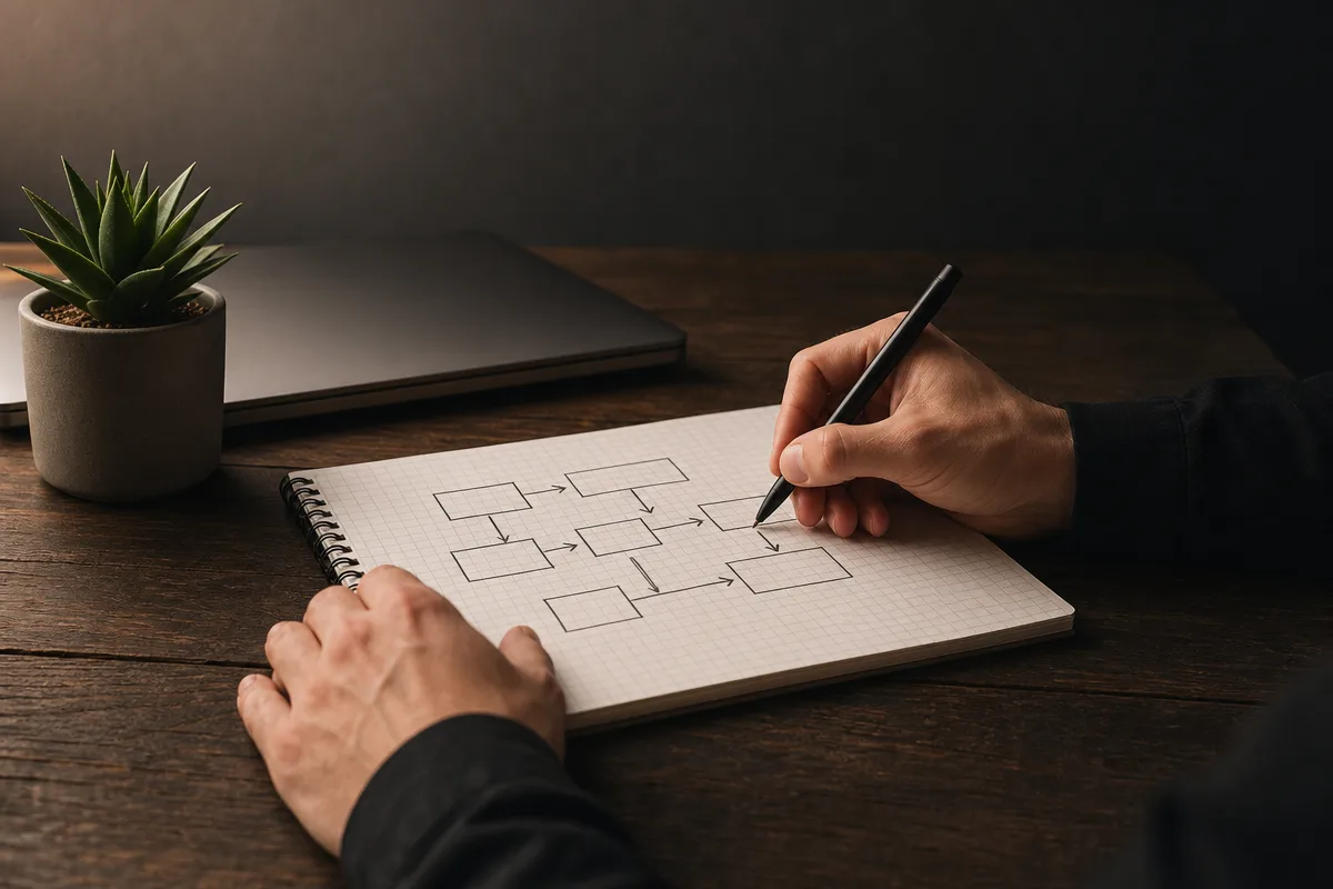 Hands sketching a marketing architecture on grid paper, pen visible, warm desk light