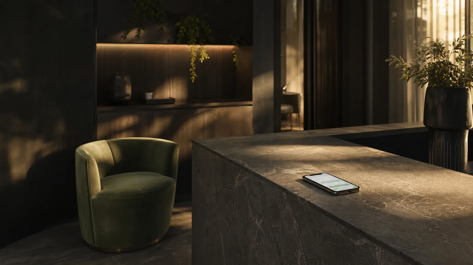 Calm aesthetic clinic reception at golden hour with a phone showing a treatment enquiry, medical spa social media marketing scene