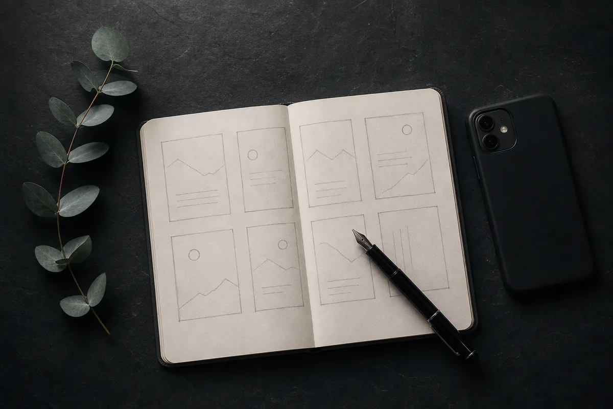 Notebook with hand-sketched layout for a treatment explainer carousel, pen and phone on a dark desk.
