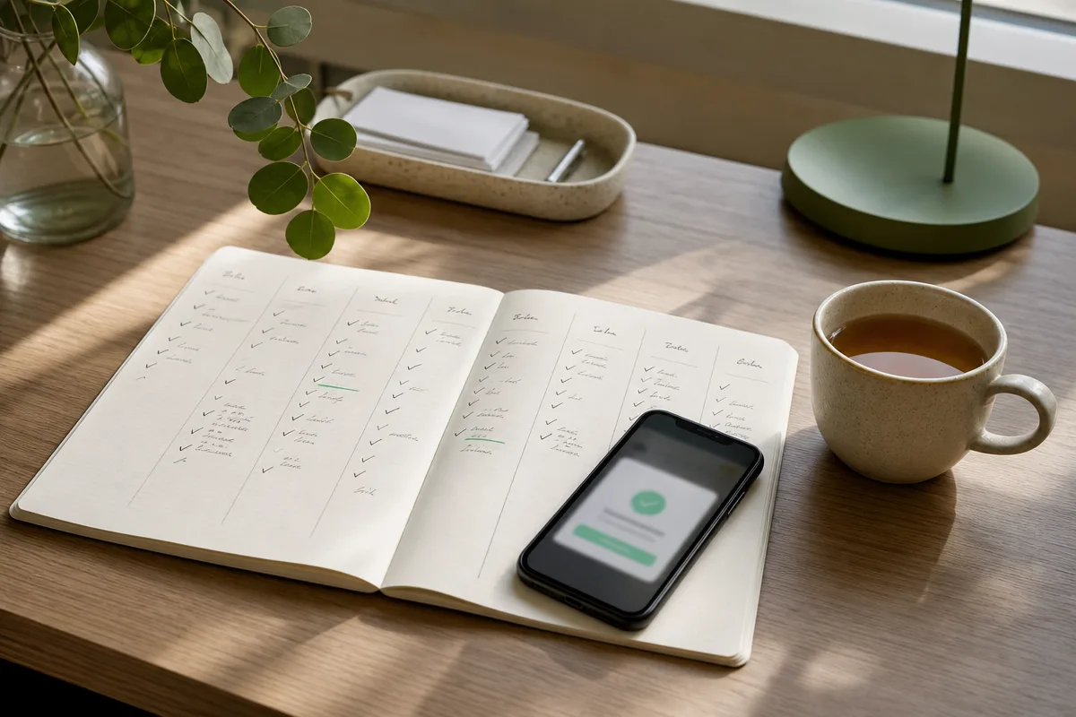 Calendar on desk with weekly social cadence sketched out, phone alongside showing a clinic booking confirmation.