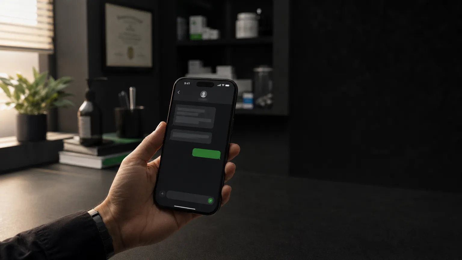 Hand holding a phone showing a clinic text-back message on a dark desk, missed call text back software in use