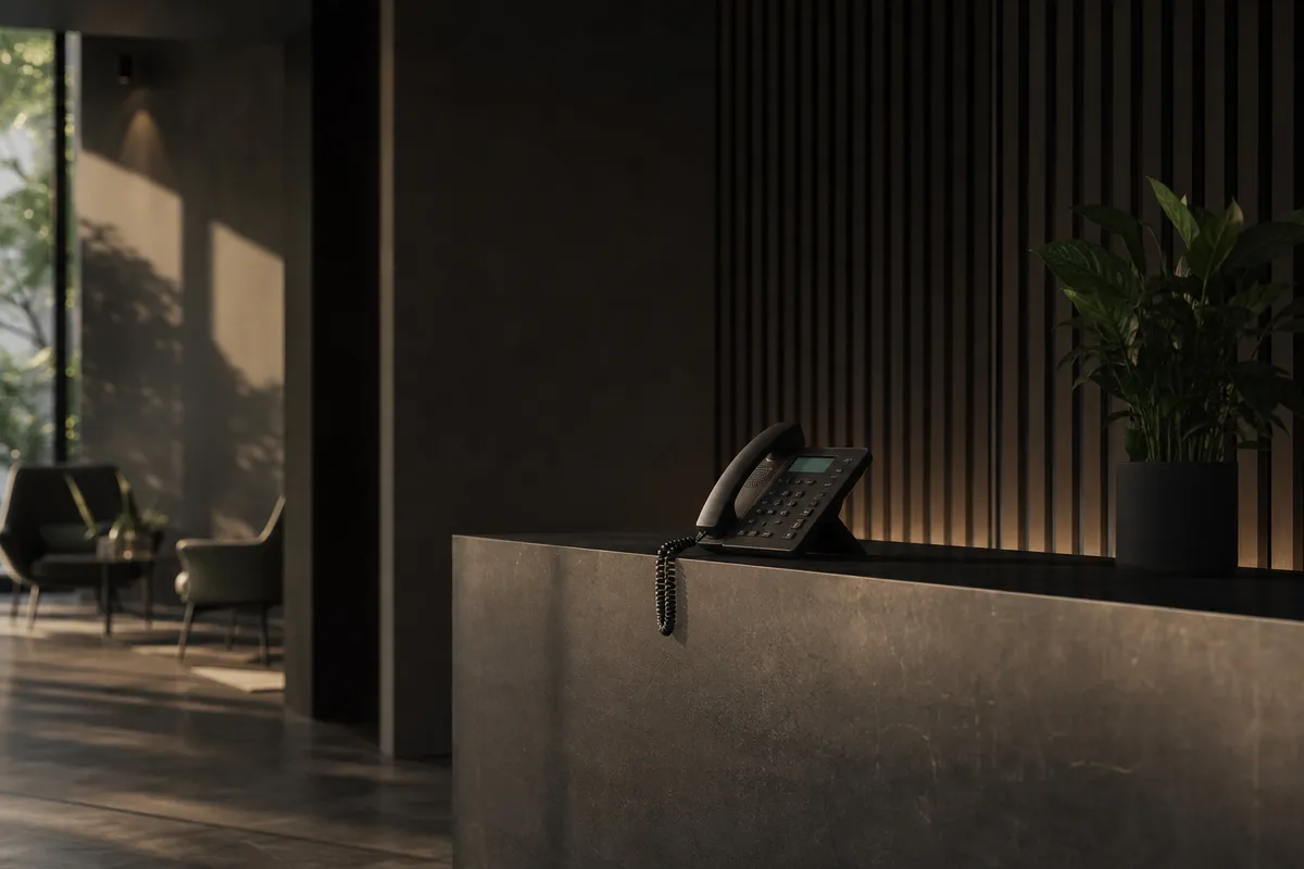 Empty aesthetic clinic reception with a phone ringing unanswered at the front desk in soft golden light