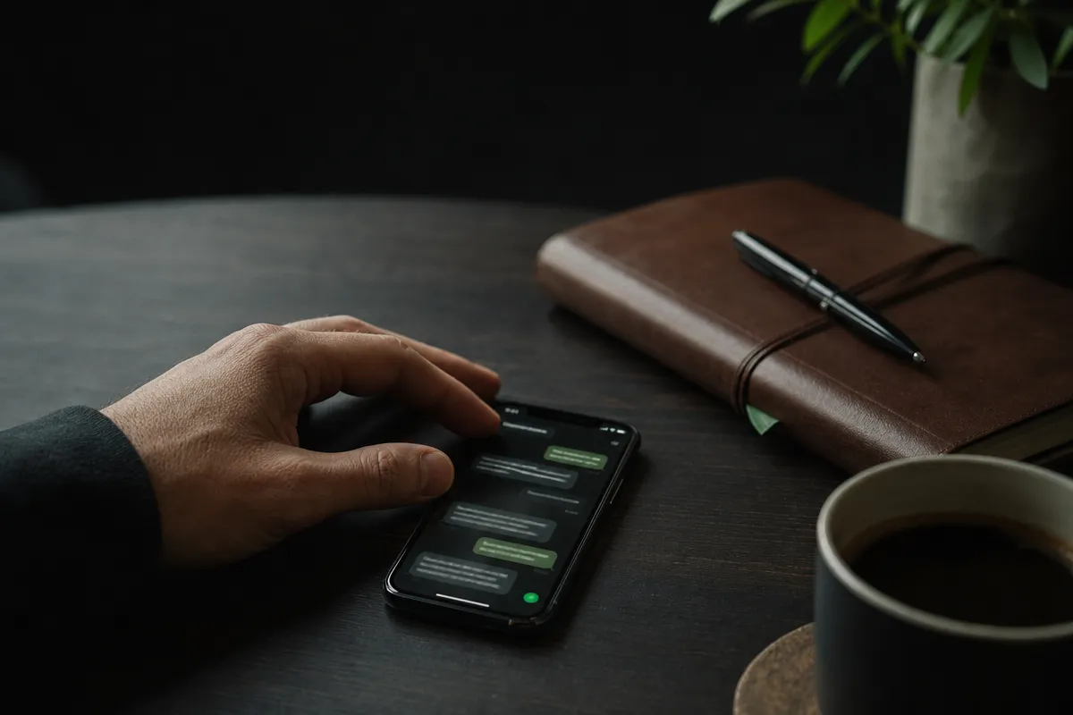 Hand on a phone showing a clinic text conversation next to a notebook and coffee on a dark desk