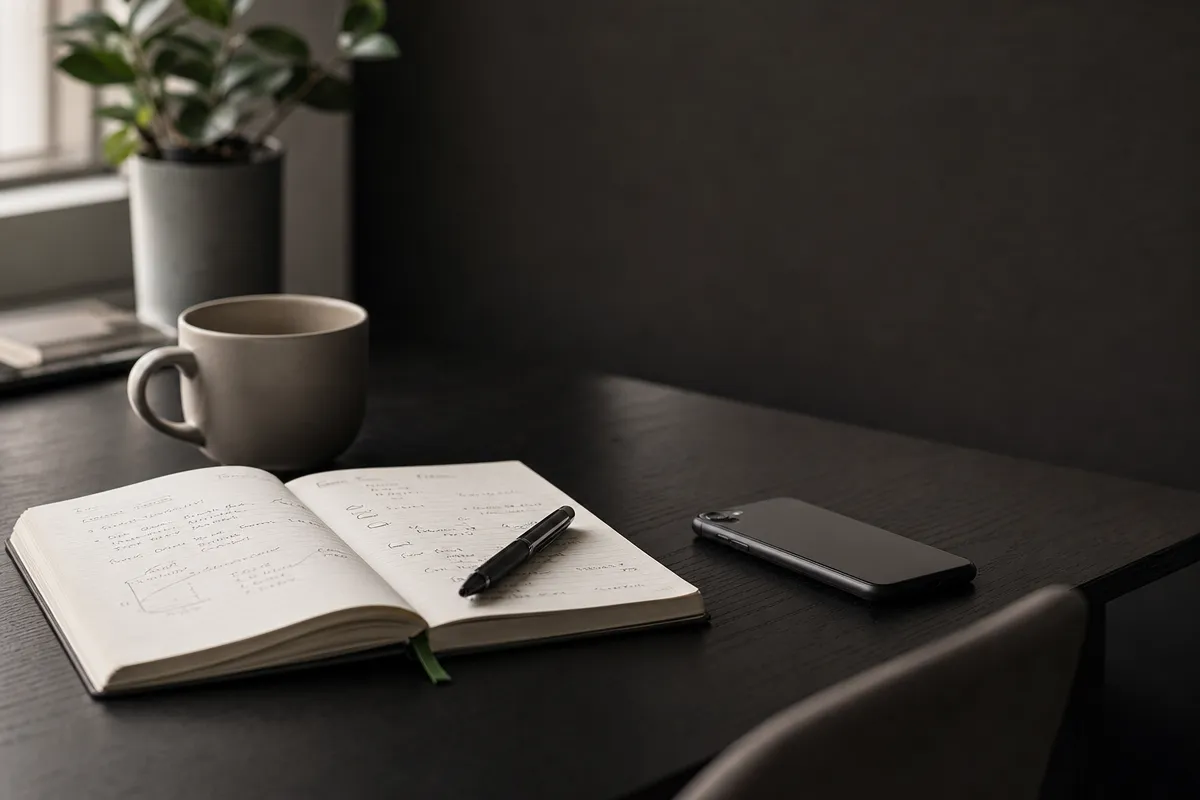Notebook with a simple cost calculation beside a phone on a warm desk, planning clinic follow-up