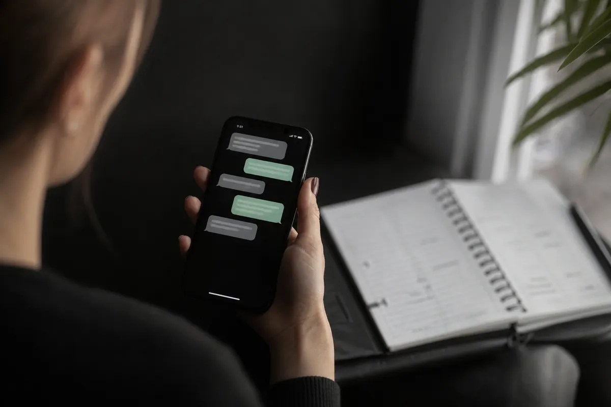 Hand holding a phone showing a short text conversation, a salon appointment book blurred in the background