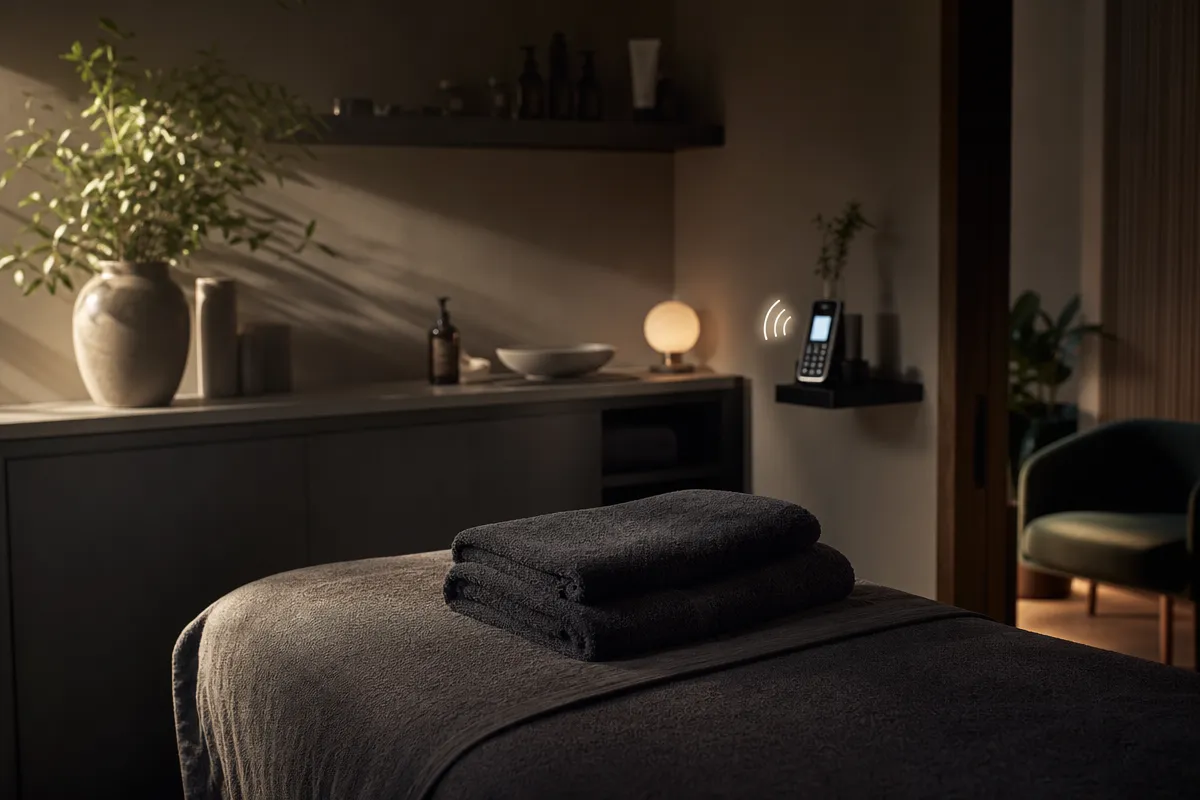 Empty beauty salon treatment room at golden hour, folded towels on the couch and a phone on a side shelf