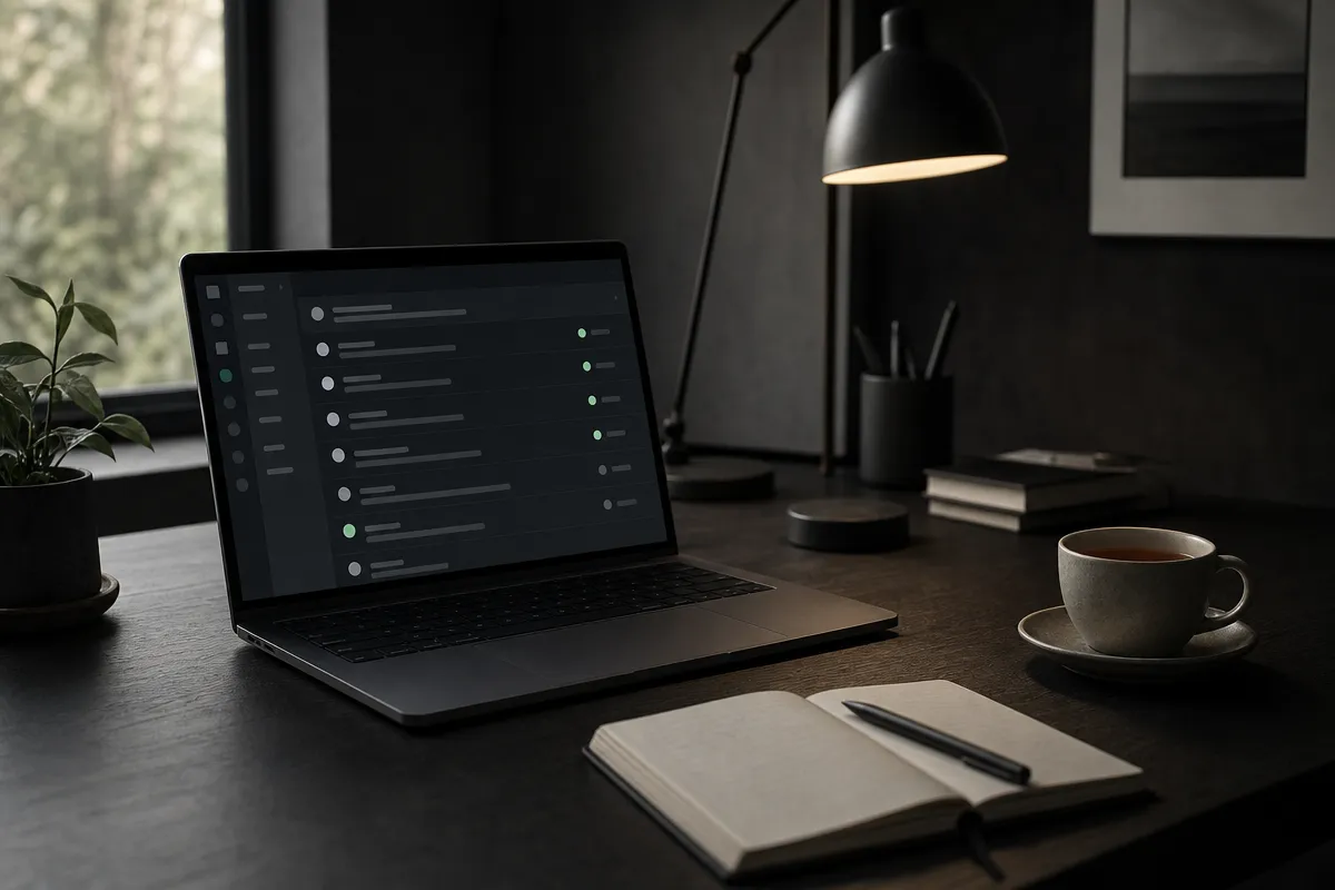Laptop showing an abstract inbox of grey rows and green dots beside a notebook and a cup of tea