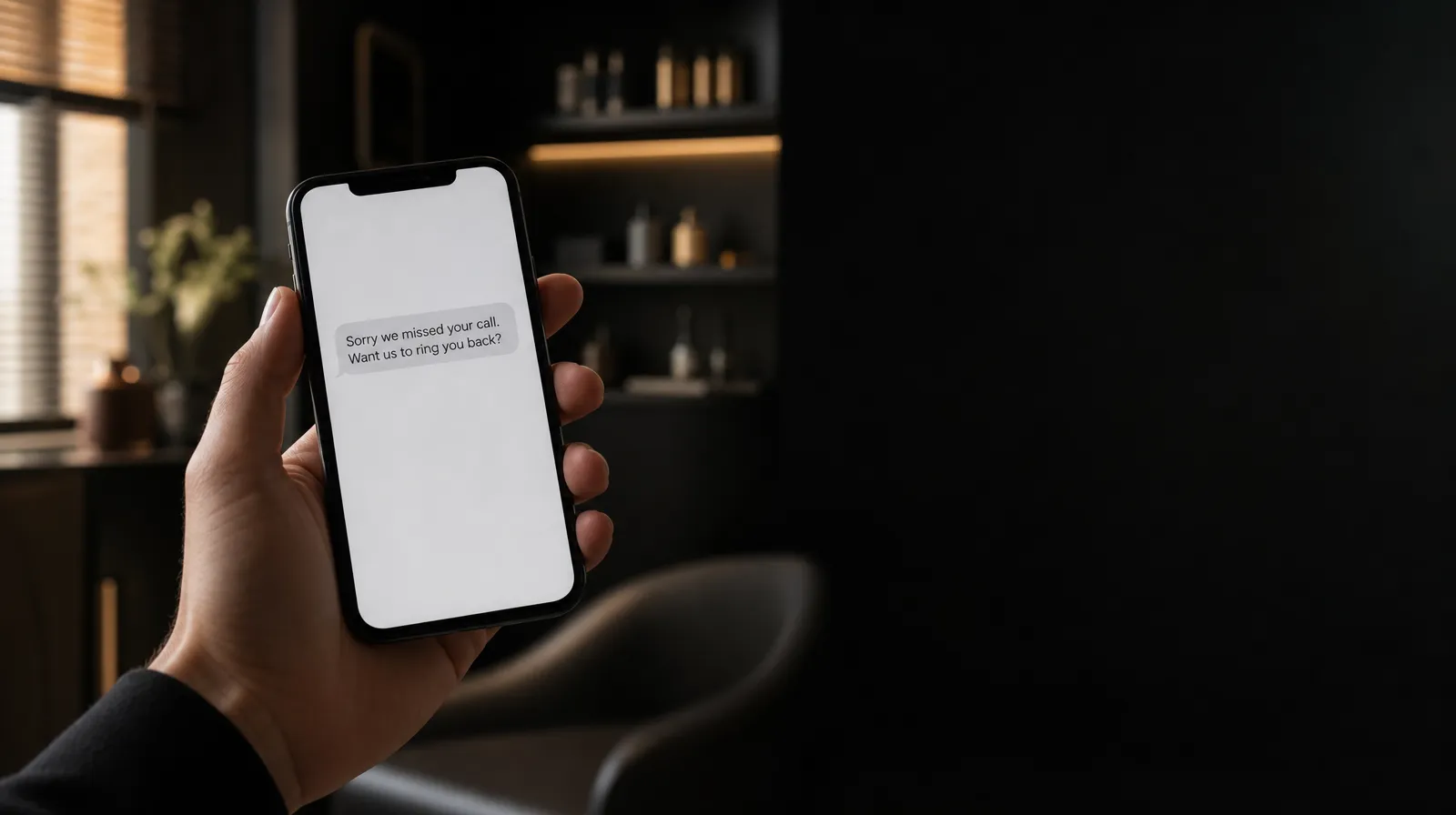 A hand holding a phone in a calm clinic setting, missed calls aesthetic clinic interface visible on screen