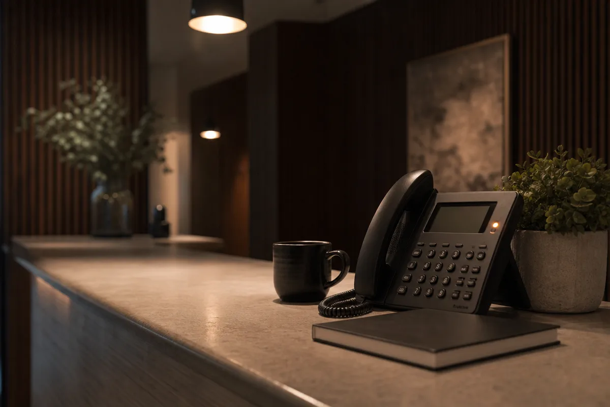Quiet aesthetic clinic reception desk at end of day, with a desk phone glowing amber and a closed appointment book under warm pendant light.