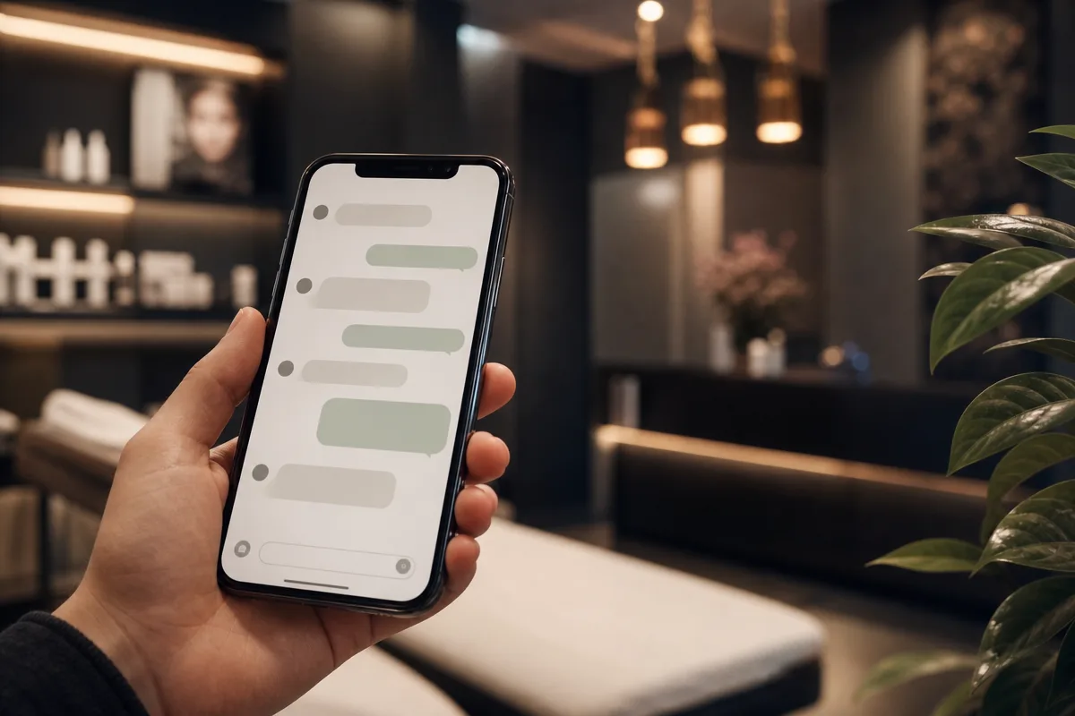 Hand holding a smartphone showing an abstract chat interface in soft greens and greys, blurred clinic interior behind under warm light.