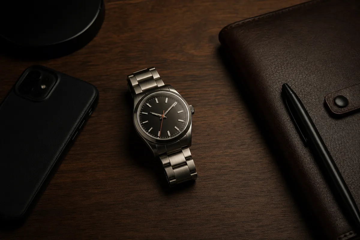 Stainless wristwatch on a dark walnut desk beside a face-down smartphone and leather notebook, evoking a five-minute response window.