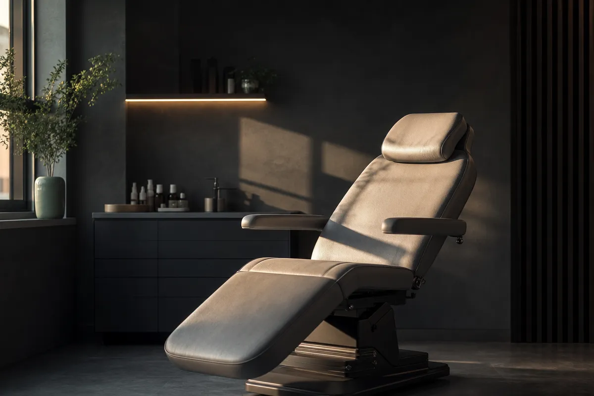 Empty modern aesthetic clinic treatment chair in golden-hour light, no people, calm cinematic mood