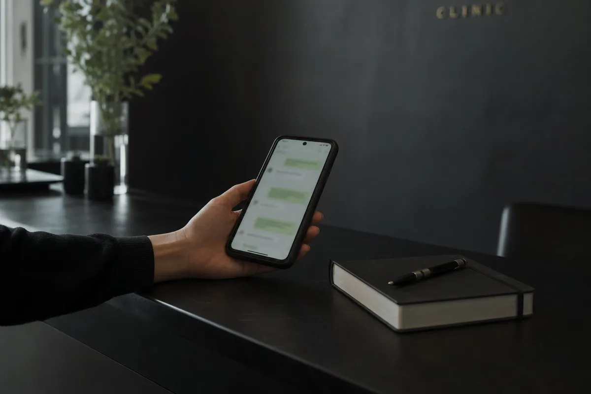 Hand holding a phone on a clinic desk showing a friendly no-show rebooking message thread beside a notebook