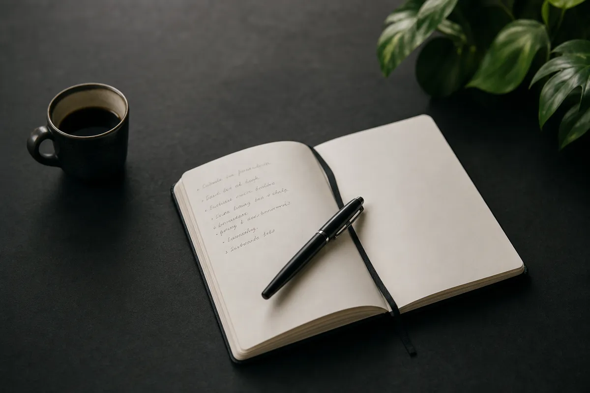 Notebook and pen beside a coffee on a calm dark desk, soft editorial light, planning a win-back sequence