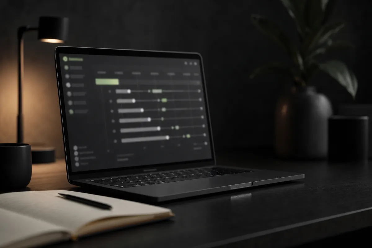 Moody desk with a laptop showing an abstract follow-up sequence dashboard and a notebook in the foreground