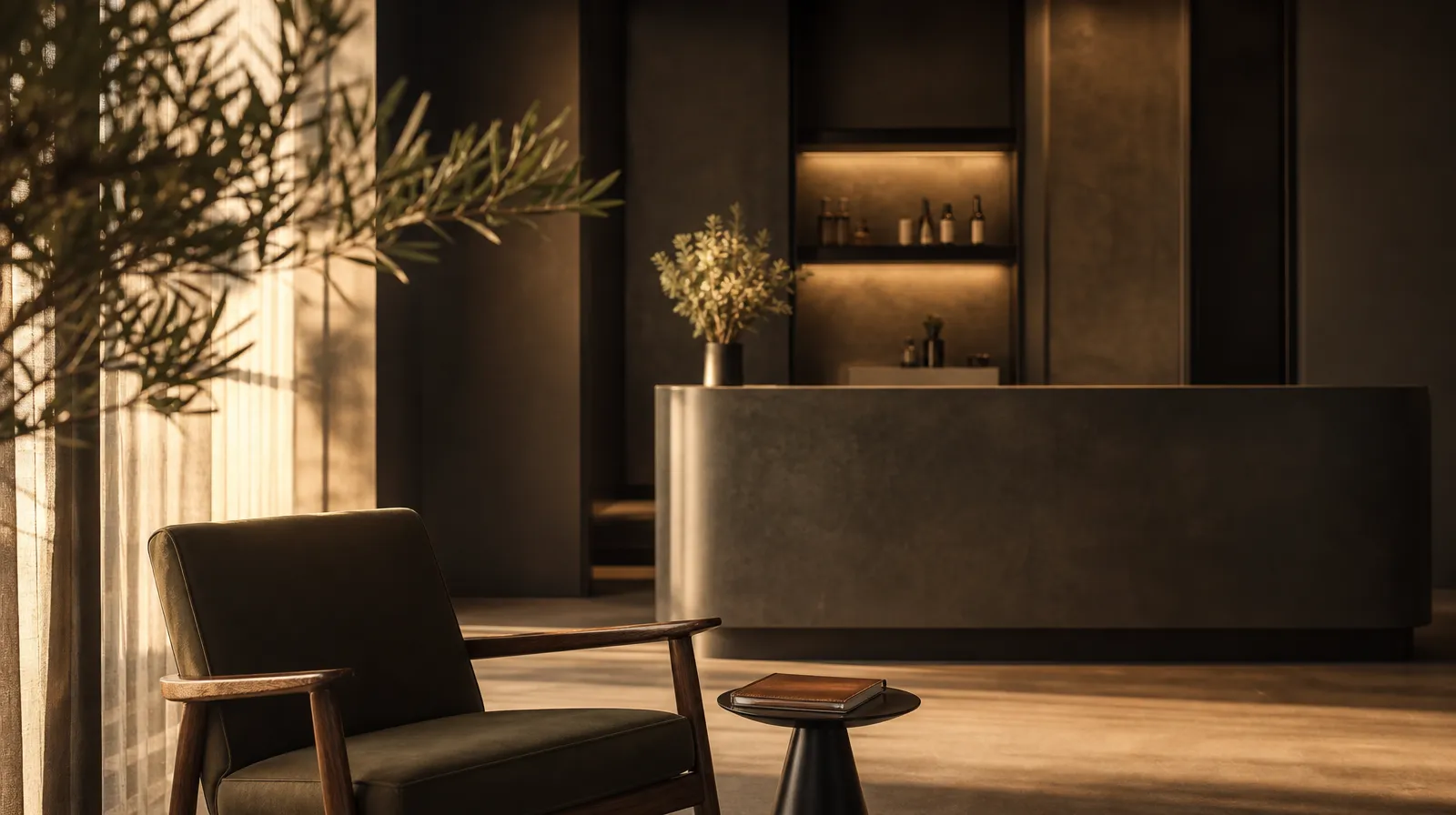 Calm aesthetic clinic reception at golden hour, illustrating patient retention strategies for medspas