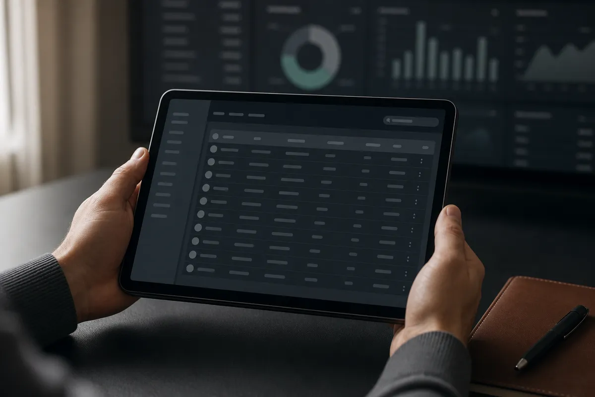 Hand reviewing a clinic patient database on a tablet, used to plan patient retention strategies