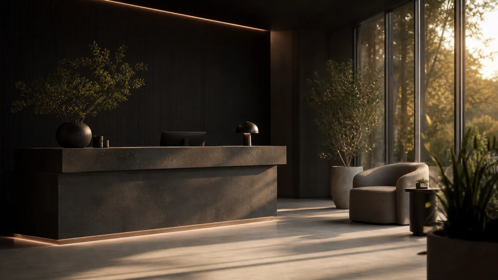 Empty modern aesthetic clinic reception at golden hour, the kind of local clinic working on ranking higher on Google Maps
