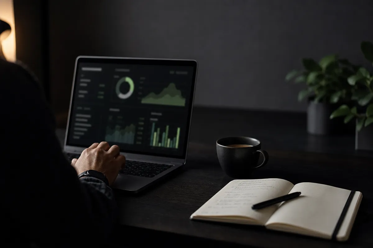 Dark editorial desk scene with a laptop showing an abstract local ranking dashboard, a notebook and a coffee