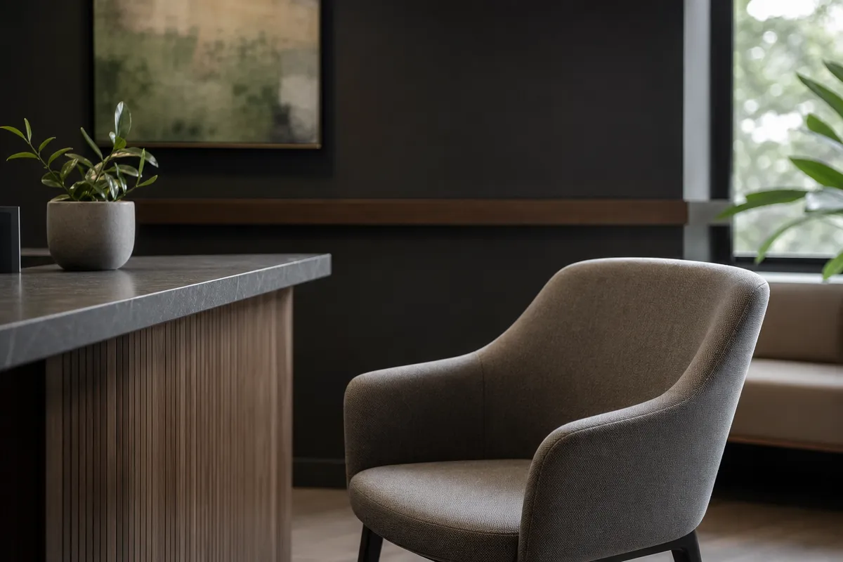Detail of a calm modern clinic waiting area, a clean countertop and a single chair in soft window light