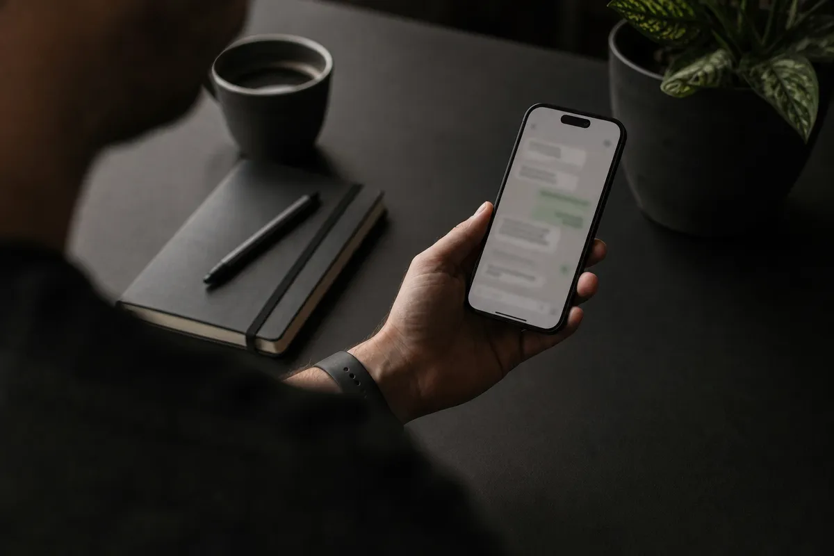 A hand holding a phone showing a clinic review request, a notebook and coffee on a dark desk