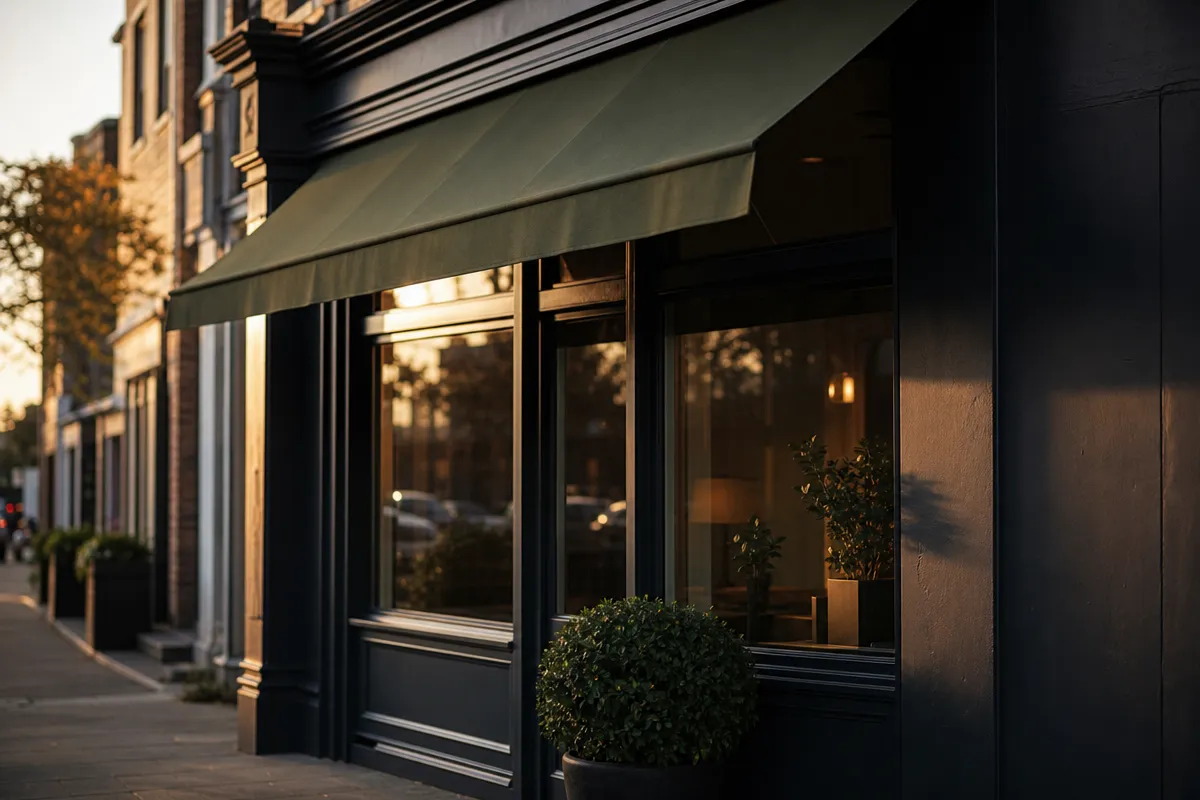Exterior of a small high-street clinic at golden hour, awning visible, no readable signage