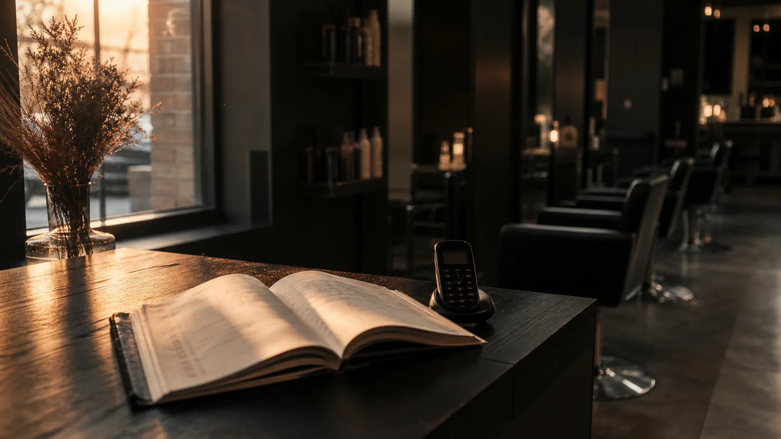 Empty salon reception at golden hour with an open appointment book on the counter, the setting for a salon cancellation policy