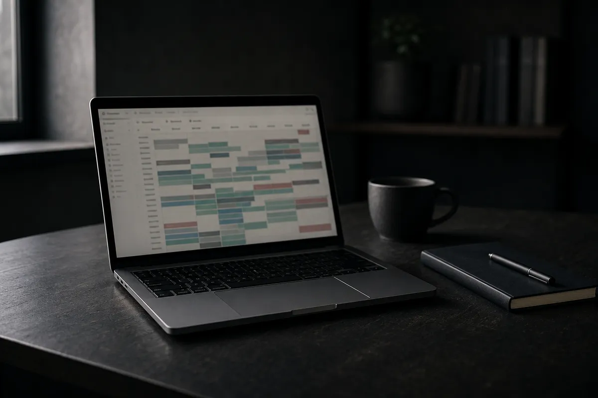 Laptop showing an abstract booking dashboard beside a notebook and a coffee on a dark desk