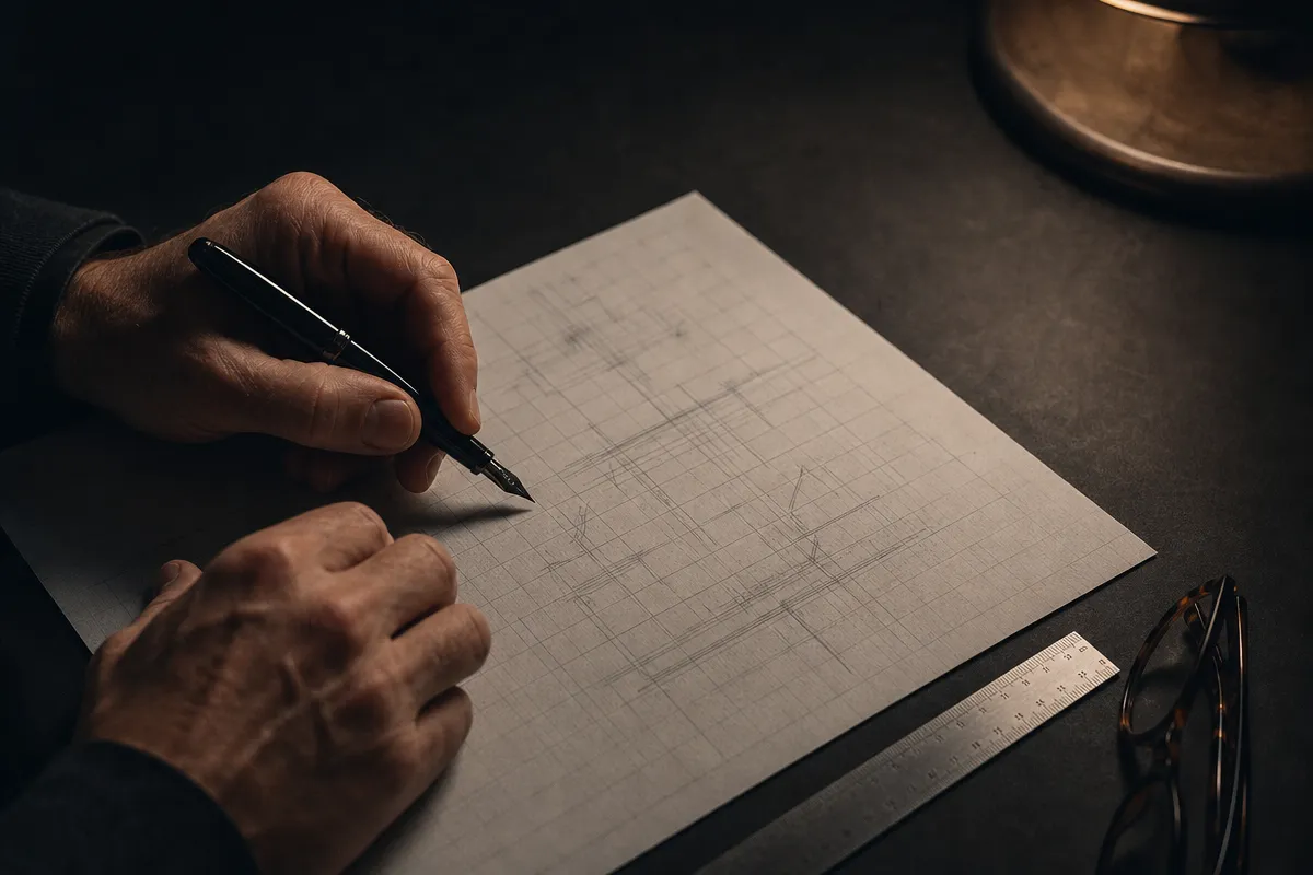 Hands drafting a document on grid paper with a fountain pen, a steel ruler and reading glasses alongside