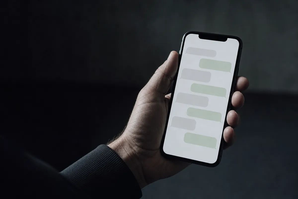 Hand holding a phone showing a short appointment reminder message thread, soft dark background