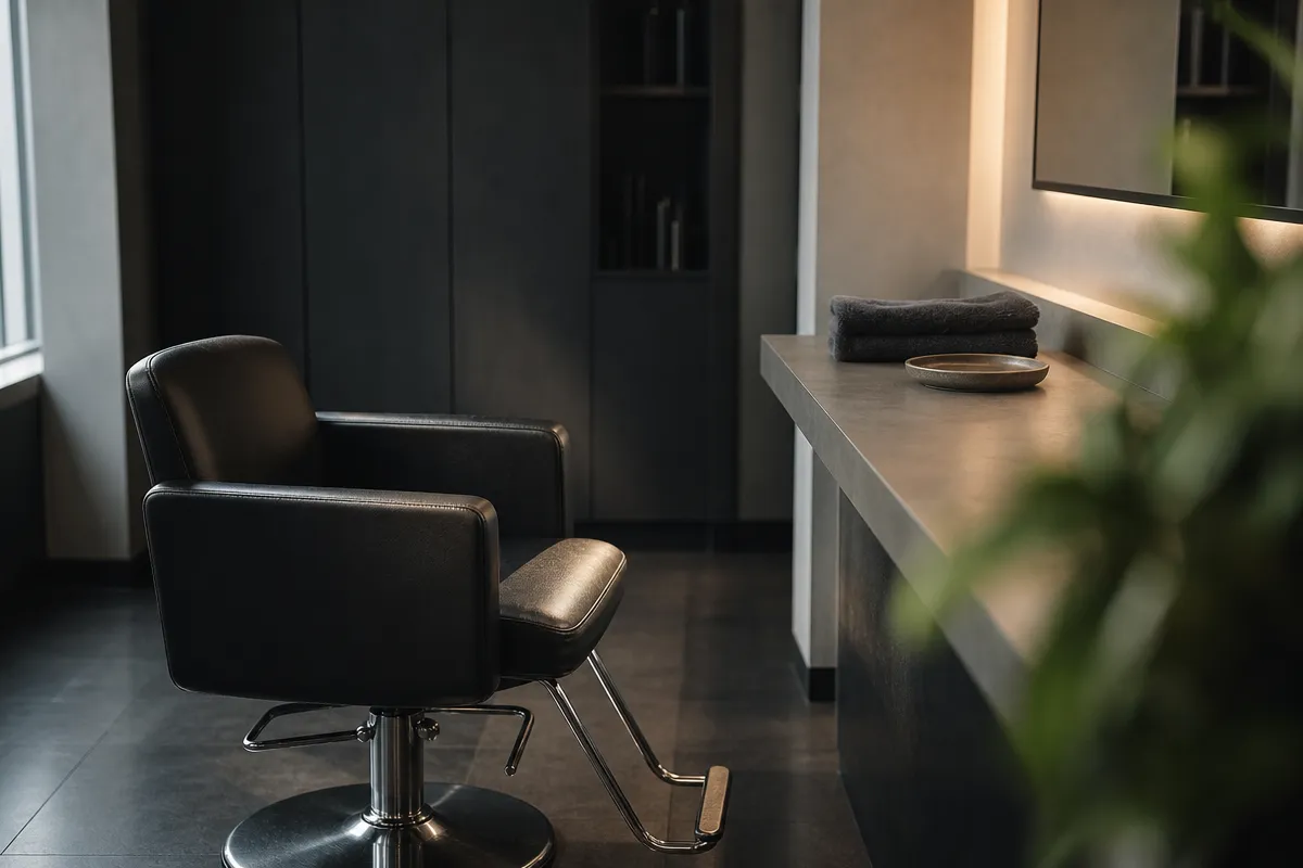 Detail of an empty styling chair and a clean counter in a quiet salon, morning light